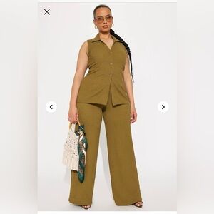 Fashion Nova Green Wide Leg Jumpsuit with Peplum Waist